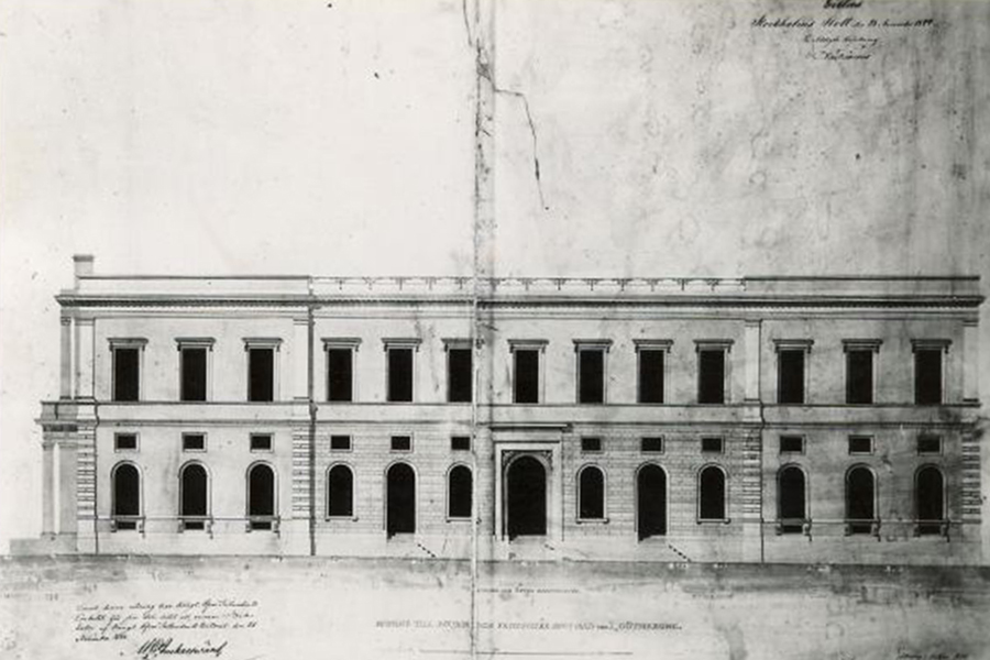 Ritning av fasaden mot Östra hamngatan, av Pehr Johan Ekman 1844.