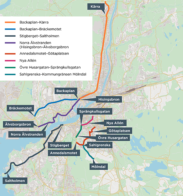 Karta över Göteborg med markeringar för cykelstråk.
