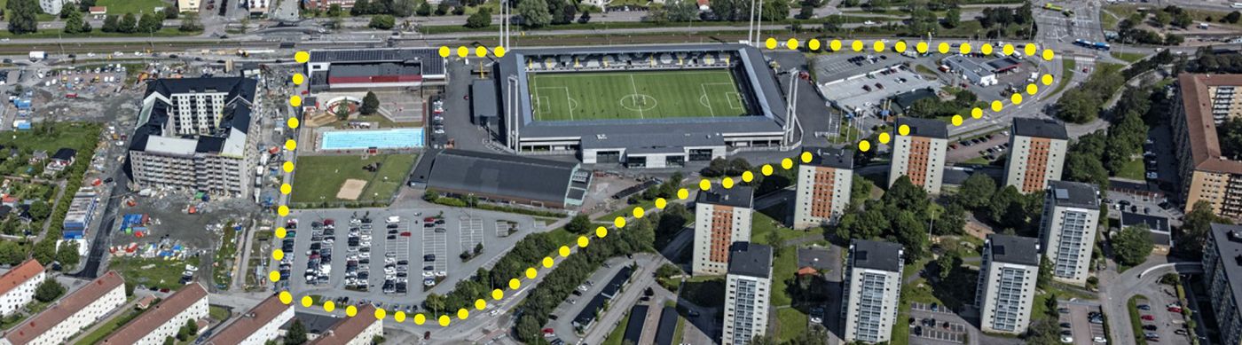 Flygvy över Wieselgrensplatsen och idrottområdet där projektet är utmarkerad med gula illustrerade linjer.