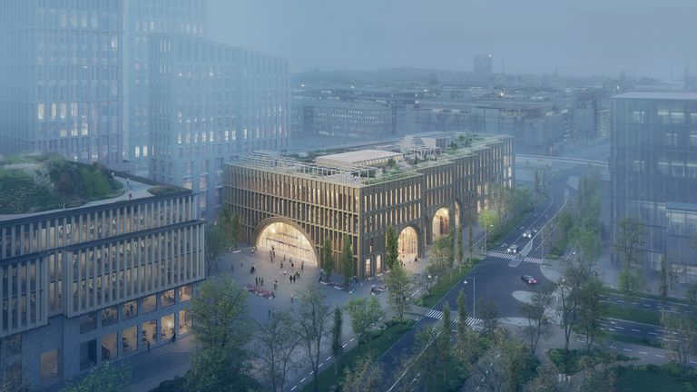 Visionsbild av det blivande nya stationshuset vid Centralen, brunt tegel och med spännande portar
