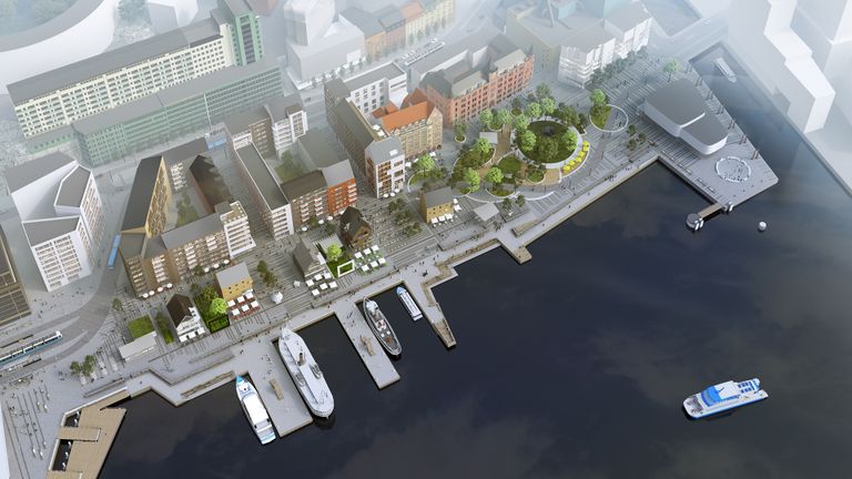 Illustrationsbild på framtida Skeppsbron med ny bostäder och strandpromenad
