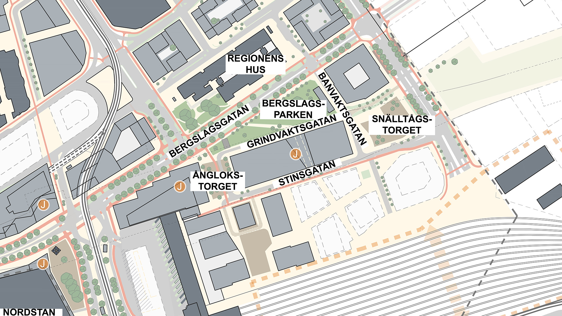 Illustrationskarta över två nya parker i centralenområdet, Stinstorget och Ånglokstorget